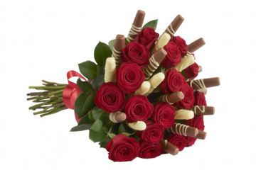 Red roses and chocolate sticks bouquet tied with red ribbon Transparent Background image