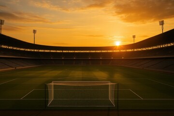 Empty soccer stadium under evening sunlight showcasing green field and surrounding empty seats