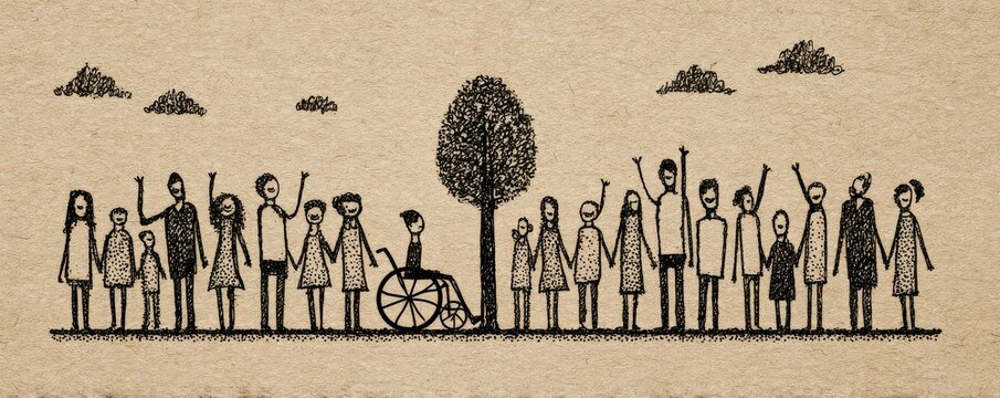 Group of diverse people standing together outdoors around a tree, holding hands