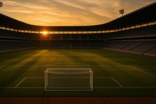 Empty soccer stadium under evening sunlight showcasing green field and surrounding empty seats