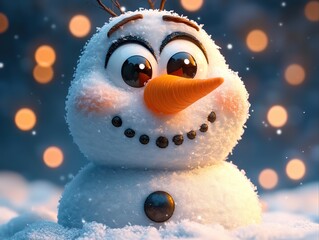 3D cute snowman character with carrot nose and dot facial features against bokeh light background. Festive 3D rendering for holiday cards, social media, children's books, or winter decoration.