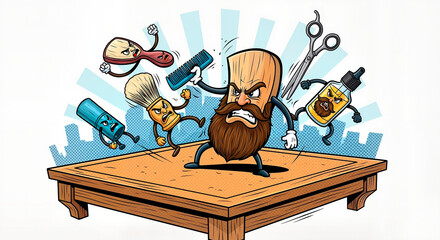 Dynamic cartoon scene of living beard-grooming tools battling on a wooden table: angry comb, scissors, brush, oil bottle, and brush-headed hero with big beard, bold colors, action lines, comic style.