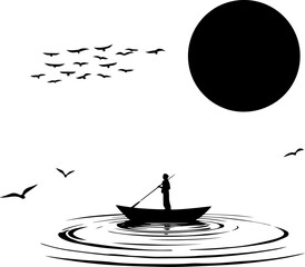 Silhouette Boatman Under a Dark Sun

Minimalist Rowing Scene with Reflection

Lone Boatman on Water – Black and White Art