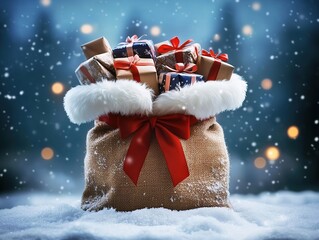 Large brown sack with white fur trim overflowing with wrapped gifts on snow, red ribbon accent, against dark blue bokeh light background. Magical Christmas scene in hyper-realistic style for holiday 