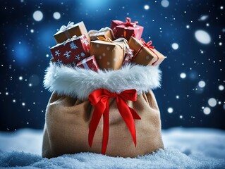 Hyper-realistic Christmas scene: brown fur-trimmed sack overflowing with wrapped gifts on snowy ground, magical dark blue background with blurred lights and red ribbon. Ideal for holiday designs,