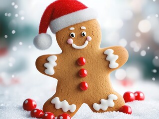 Christmas themed cute gingerbread man with Santa hat smiling in snow with red candies, digital vector illustration for festive greeting cards, social media posts, and decoration design.  