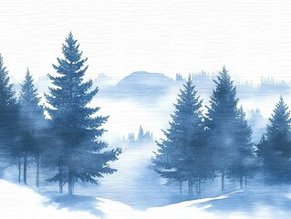 Winter foggy pine trees watercolor illustration with soft blue and gray tones on paper texture background, suitable for elegant cards, digital posters, social media, and packaging design. 