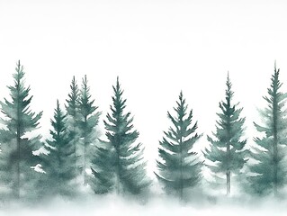 Dark green and gray winter pine forest watercolor illustration, minimalist flat design with neutral pastel palette on white background. High resolution asset for holiday cards, digital posters, 