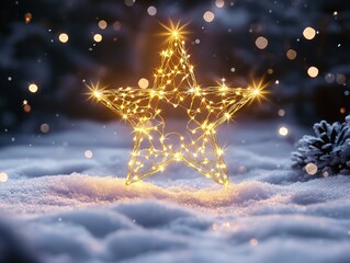 Golden star fairy light glowing on snow with magical atmosphere, sparkling diamond bokeh effect against dark background. Perfect for Christmas and New Year celebrations, holiday cards, social media