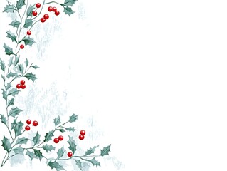 Hand-drawn watercolor Christmas border frame with red berries and evergreen leaves on left side, minimalist flat vector design on white background. High resolution and detailed illustration with copy 