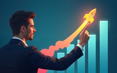 Startup business and investment concept. Businessman is touching the growing business graph. Planning and starting corporate business start up, Rocket icon soars with speed to hit the growth target.