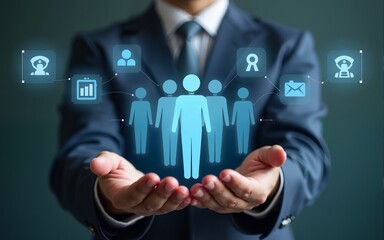 Businessman showing virtual graphic human icon HR human resources recruitment team Staff management business concept. High quality