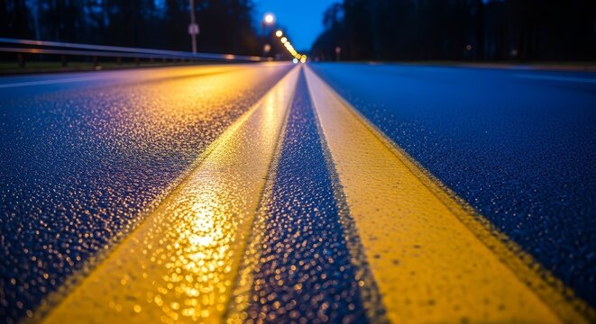 Evening Roadway: Close-Up Perspective of Illuminated Highway Road Markings