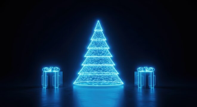Futuristic Christmas tree with gift boxes presents a neon festive holiday design in blue hues offering a vibrant holiday decoration