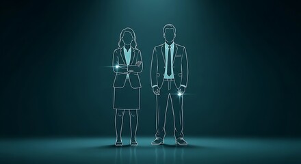 Digital outlines of male and female business professionals standing together in a glowing, futuristic representation of partnership