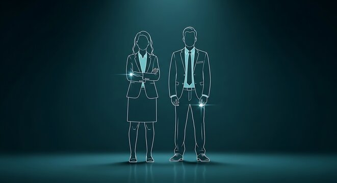 Digital outlines of male and female business professionals standing together in a glowing, futuristic representation of partnership