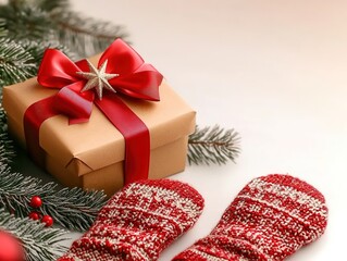 Christmas gift box with red ribbon and ornamental star, brown kraft paper wrapping beside pine branches and woolen socks. Cozy dark socks with matching ribbon patterns on white background,