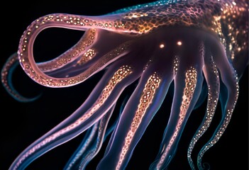 bioluminescent octopus-like creature with glowing spots and ethereal tentacles in dark water.
