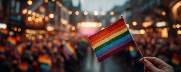 Bright rainbow flag waved at a lively Pride parade with a cheering crowd in the city