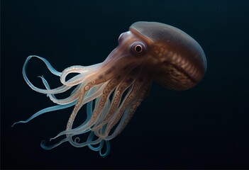 bioluminescent blue-purple octopus with neon pink tentacles and bright yellow eyes. 