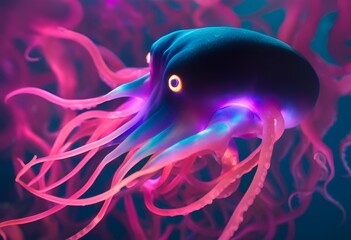 Detailed close-up of a luminous pink-orange jellyfish with spiky top and flowing tentacles. 