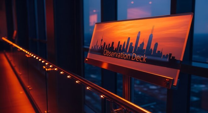 Evening View From Observation Deck, Illuminated Handrail Showing Downtown Silhouette Overview
