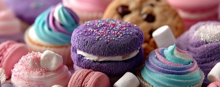 Vibrant assortment of sweet treats with cupcakes, cookies, and colorful confections
