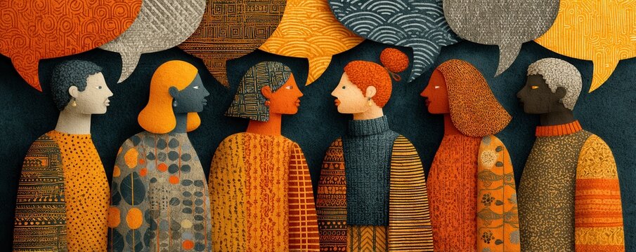 Diverse group of people in conversation and colorful patterns at a social gathering - Powered by Adobe