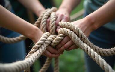 Collective Effort Integration and Unity with teamwork concept as a business metaphor for joining a partnership synergy and cohesion as diverse ropes connected together in interdependence.