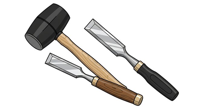 Essential woodworking tools - rubber mallet and sharp wood chisels for crafting.