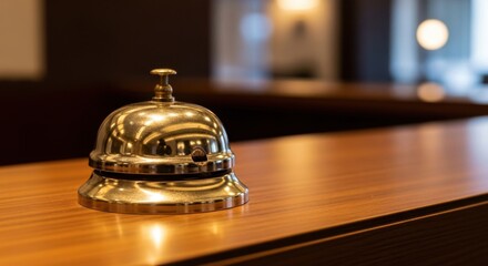 Polished Brass Hotel Service Bell on Wooden Reception Counter in Elegant Lobby