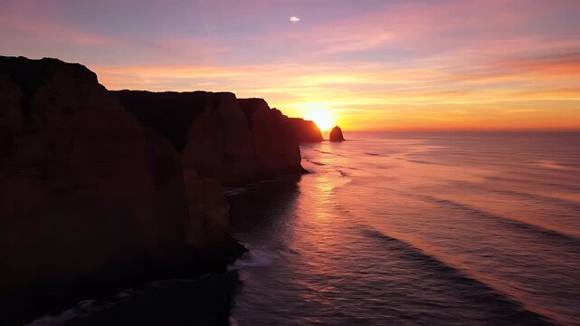 Dramatic coastal sunset over majestic sea cliffs, featuring a rare partial solar eclipse captivating the vivid twilight sky and reflecting golden hues on the vast ocean