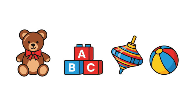 Playful collection of classic children's toys on a white background