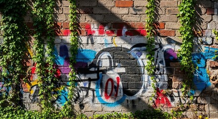 Naklejka premium Abstract Ivy Patterns Climbing Decaying Brick Wall, Grungy Street Art..jpeg