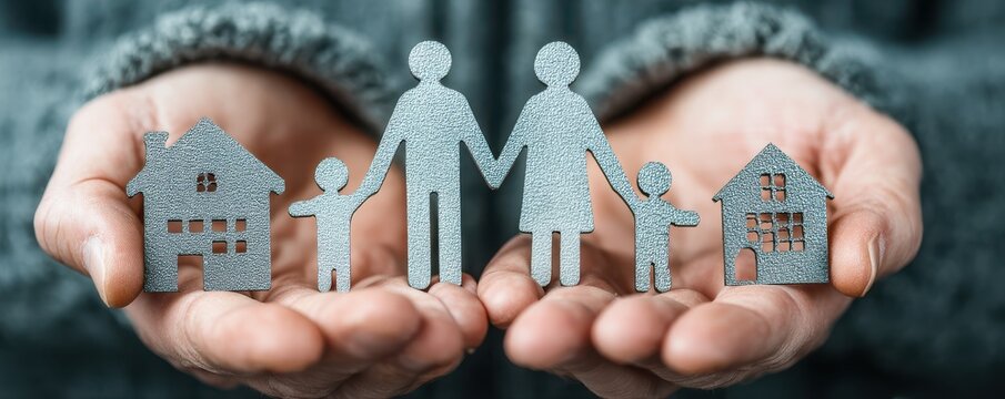 Family and home unity: hands cradle metal cutouts of family and houses, symbolizing protection and care