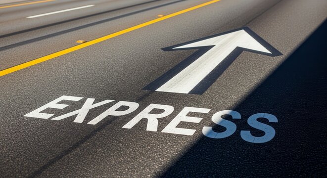 Express Lane Arrow Sign Directing Forward Transportation Through Painted Highway Markings