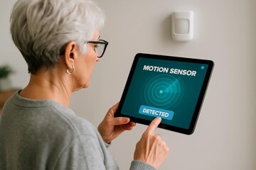 Older woman uses a tablet to manage a smart home motion sensor, checking a security alert indoors.