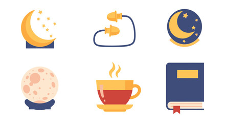 Cozy nighttime essentials for relaxation and sleep, including moon, stars, earplugs, hot drink, and book.