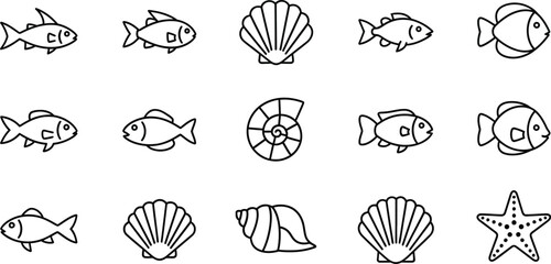 Charming collection of simple line art icons featuring various marine life and seashells.