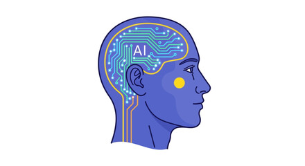 Futuristic human head with AI circuits symbolizing artificial intelligence and technology