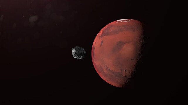 Digital simulation showing asteroid 3L Atlas moving through Mars&rsquo; orbit in 2025, illustrated as a scientific space visualization.