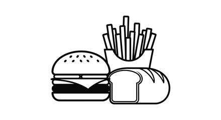 Simple line art illustration of a burger, french fries, and bread slice