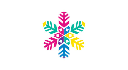 Colorful snowflake made of diverse, interconnected abstract figures symbolizing unity and winter celebration.
