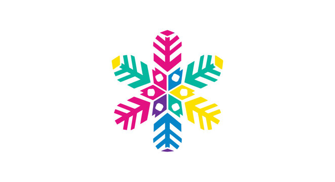 Colorful snowflake made of diverse, interconnected abstract figures symbolizing unity and winter celebration.