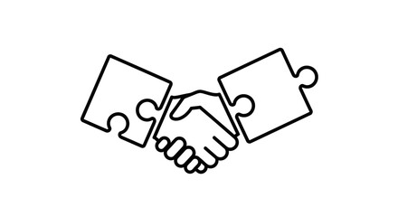 Two puzzle pieces connect with a handshake, symbolizing agreement and collaboration.