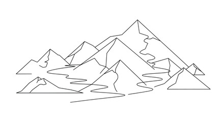 Stylized mountain range with winding rivers under a clear sky