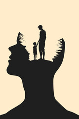 Surreal illustration of a man and child standing atop a shattered head silhouette, symbolizing healing the inner child, emotional growth, memory, trauma recovery, and psychological transformation.