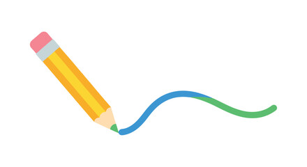 Bright yellow pencil drawing a colorful wavy line on a clean white background