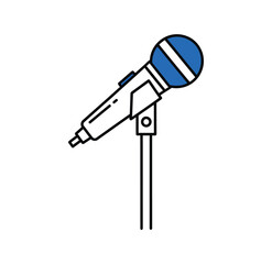 Illustration of a blue and white microphone on a stand, perfect for recording or live performances.