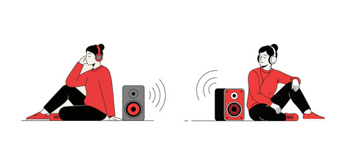 Two people sitting on the floor, each wearing headphones and listening to music from a speaker, depicted in a flat illustration style.